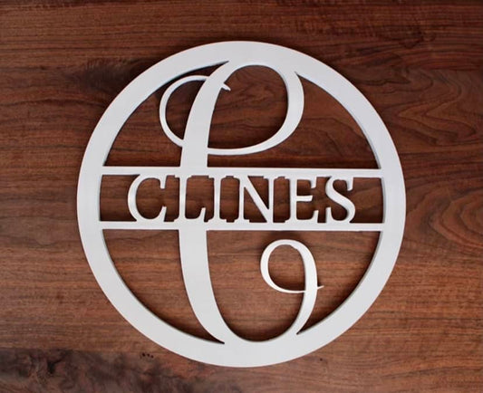 Wood monogram door hanger family name white