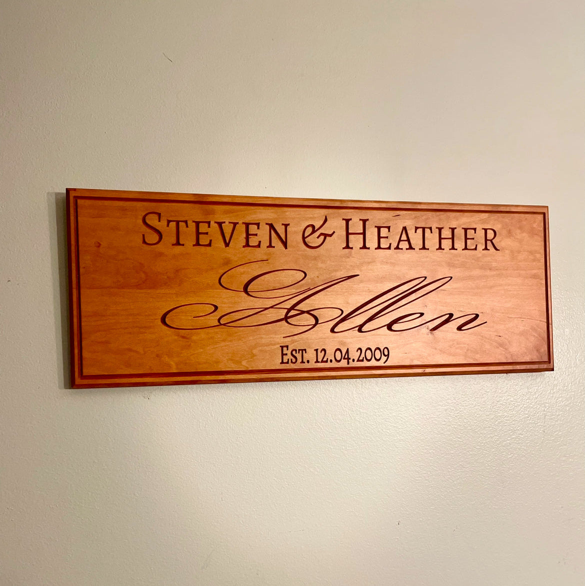Personalized Wedding Anniversary Sign - Custom Carved Wooden Plaque - Cherry - Clines Crafted Woodworking LLC