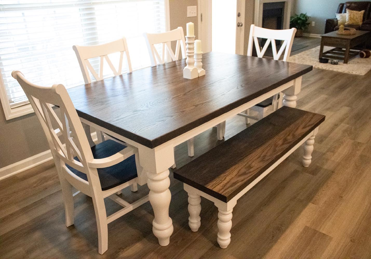 Farmhouse dining table with chunky legs, painted base and stained ash top