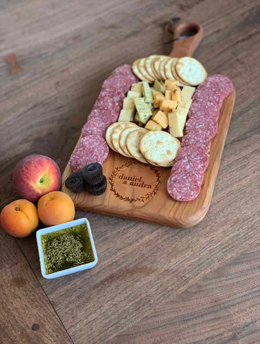 Personalized Cherry wood Charcuterie board With handle - Clines Crafted Woodworking LLC