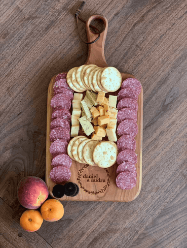 Personalized Cherry wood Charcuterie board With handle - Clines Crafted Woodworking LLC