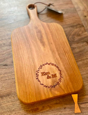 Personalized Cherry wood Charcuterie board With handle - Clines Crafted Woodworking LLC
