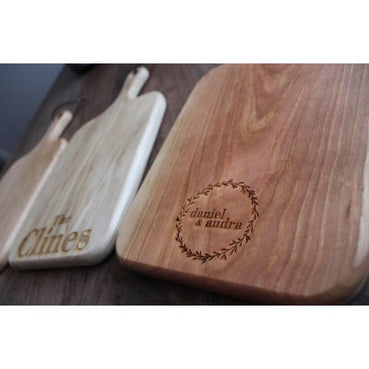 Personalized Cherry wood Charcuterie board With handle - Clines Crafted Woodworking LLC