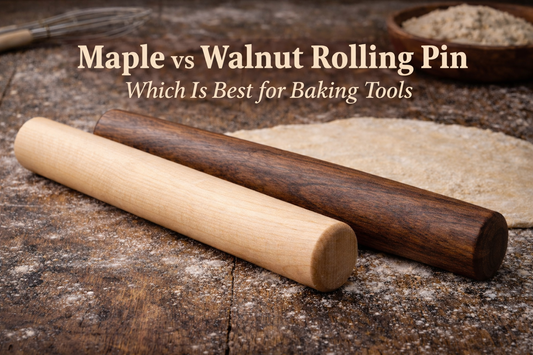 Maple vs walnut rolling pin comparison showing light maple and dark walnut hardwood baking tools