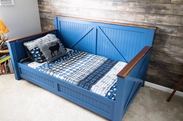handmade children's day bed with live edge epoxy filled black walnut