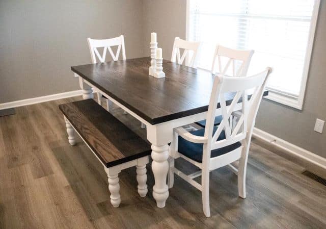 Handmade farmhouse dining table with chairs and bench chuncky legs
