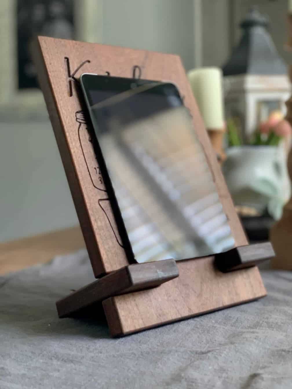 tablet holder tablet stand made from walnut with kitchen conversions engraved