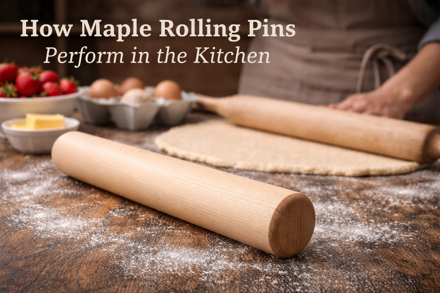 Light maple wooden rolling pin on a floured countertop with pie dough being rolled in the background
