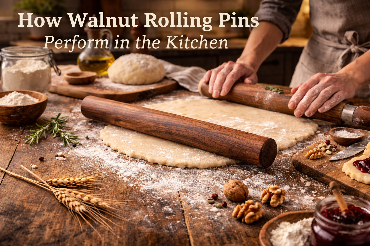 Walnut wooden rolling pin rolling out dough on a floured rustic kitchen countertop