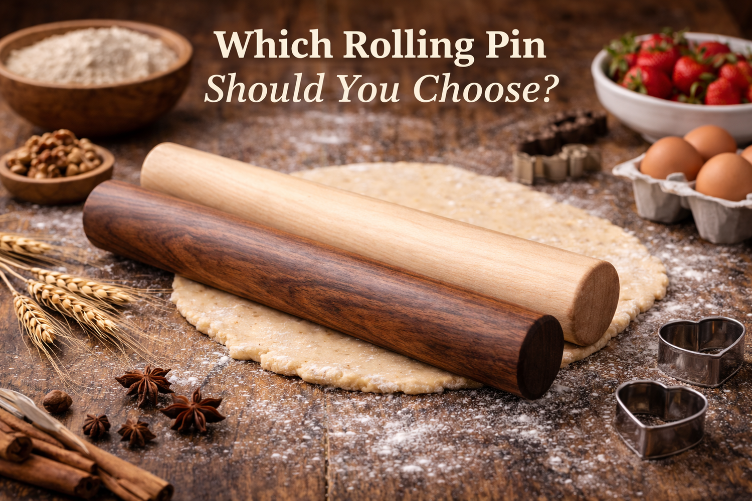 Maple and walnut wooden rolling pins with equal diameter resting on rolled dough on a floured countertop