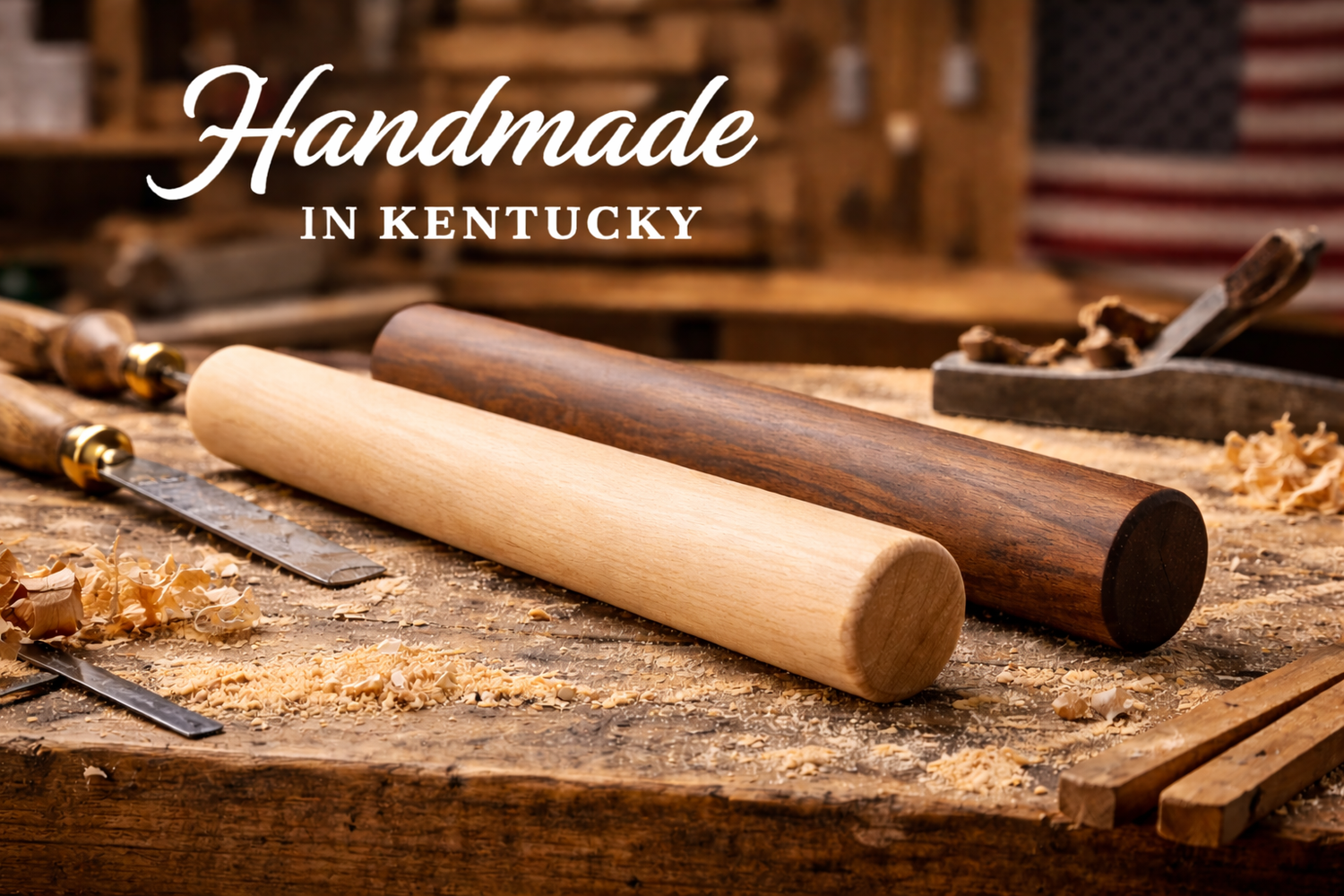 Handmade maple and walnut rolling pins on a woodworking bench in a Kentucky workshop