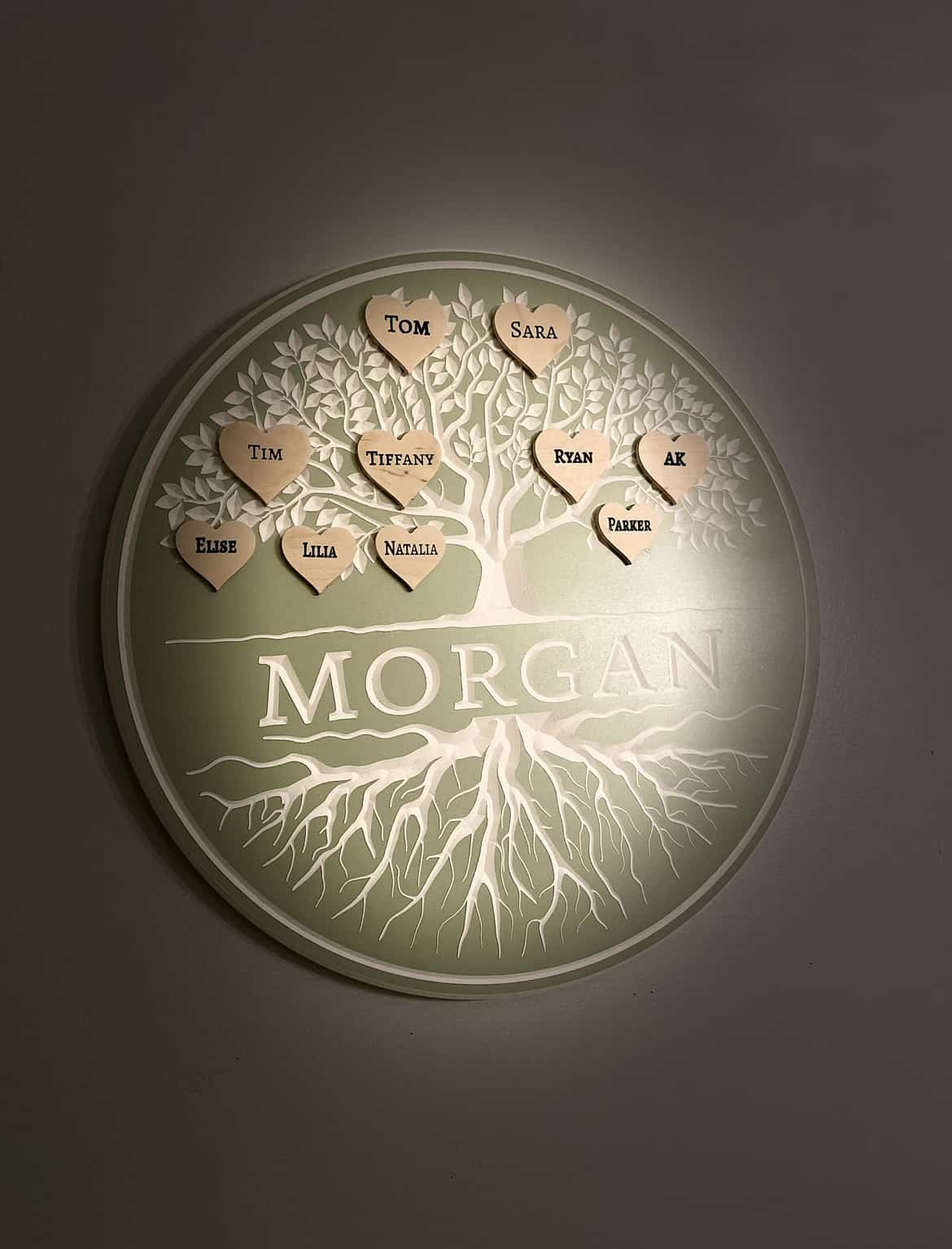 Family tree wall decor with tree and roots engraved in and hearts with family members names attached. 