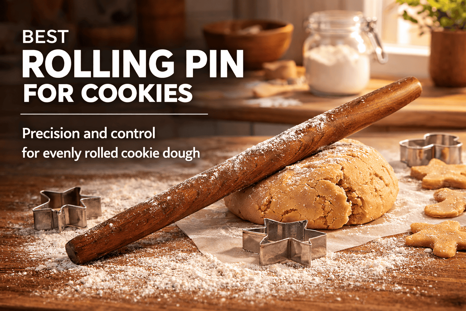 cherry french rolling pin rolling cookie dough on floured countertop with cookie cutters