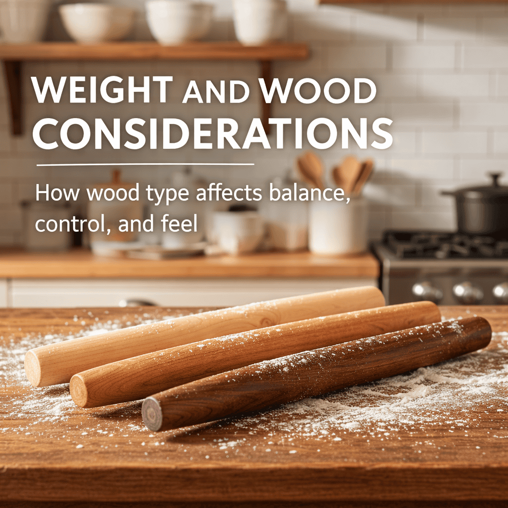 maple cherry and walnut french rolling pins showing different wood types and weight differences