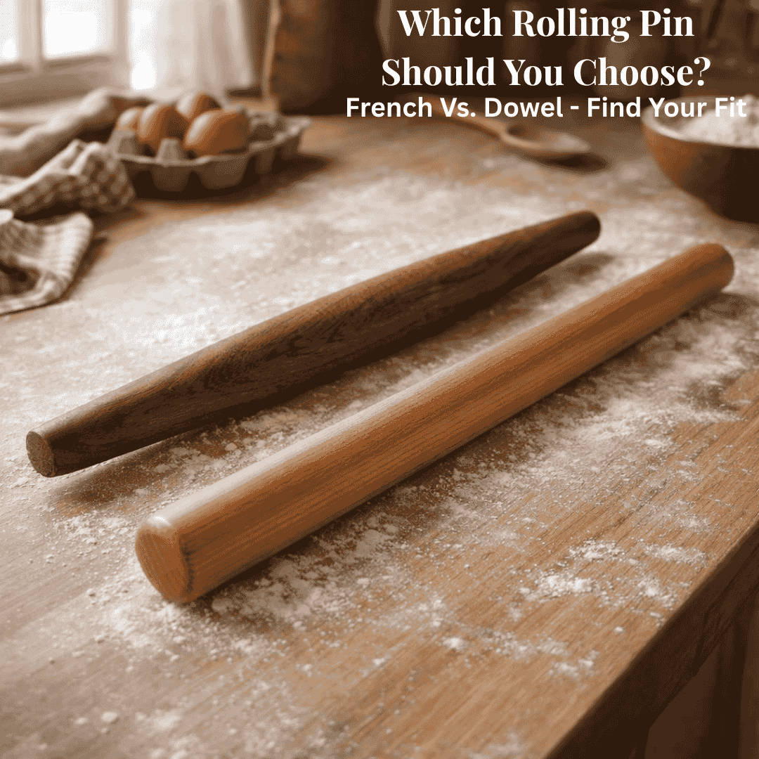 Side-by-side comparison of a tapered French rolling pin and a straight dowel rolling pin on a floured wooden surface