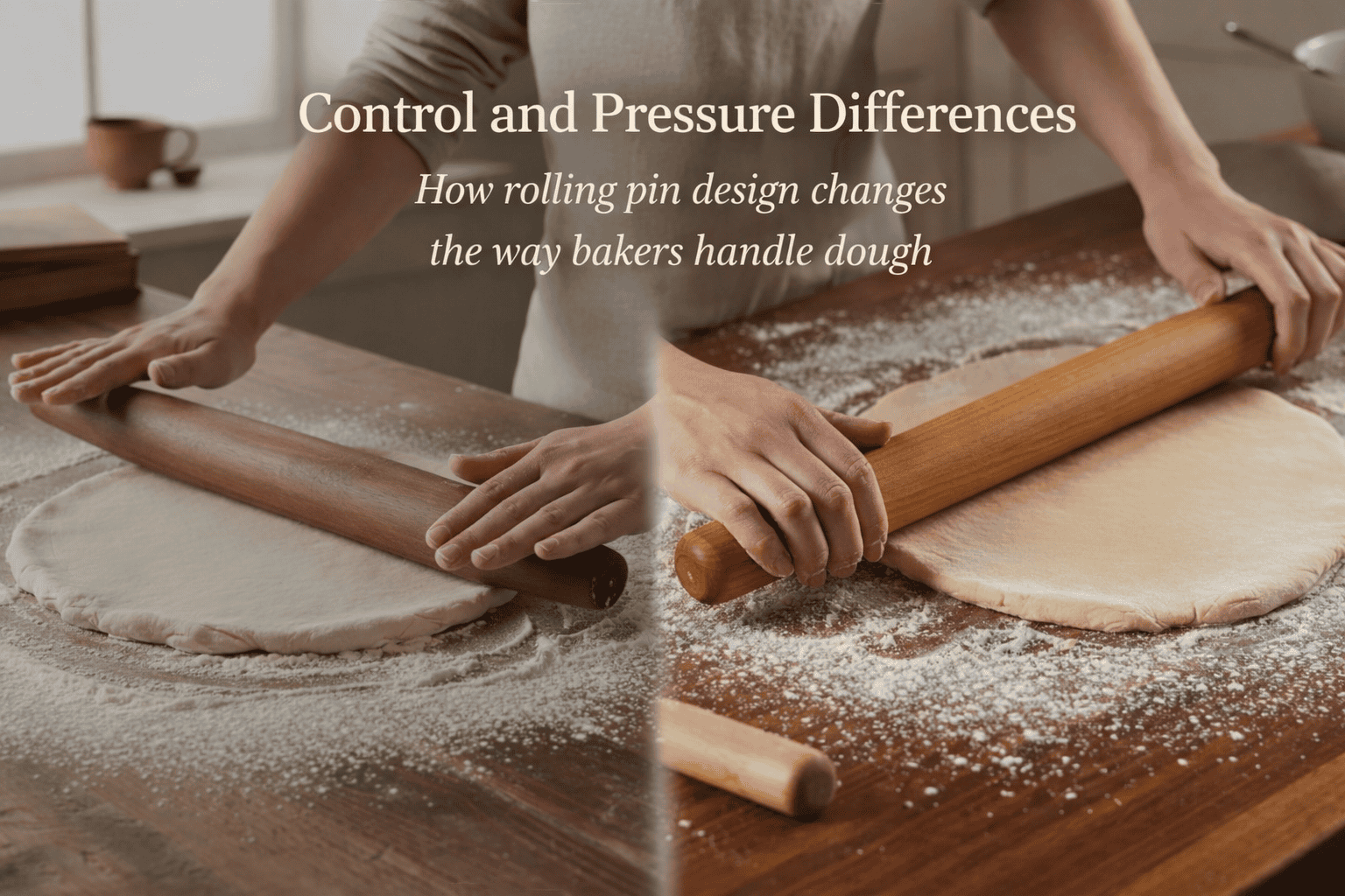baker hands using french rolling pin compared with straight dowel rolling pin on floured baking surface