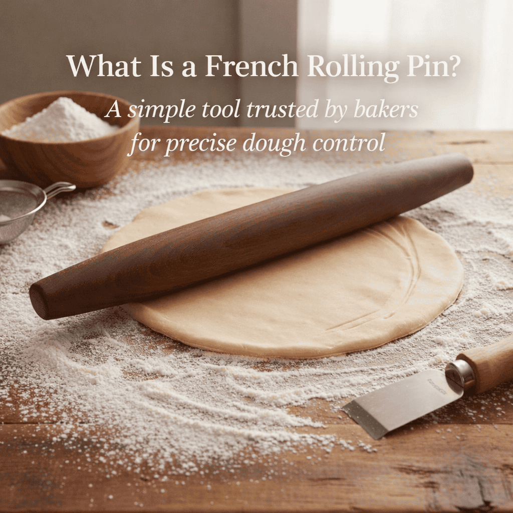 walnut french rolling pin resting on pie dough on floured wooden baking surface