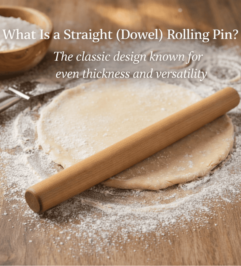 straight dowel rolling pin resting on pie dough on a floured wooden baking surface