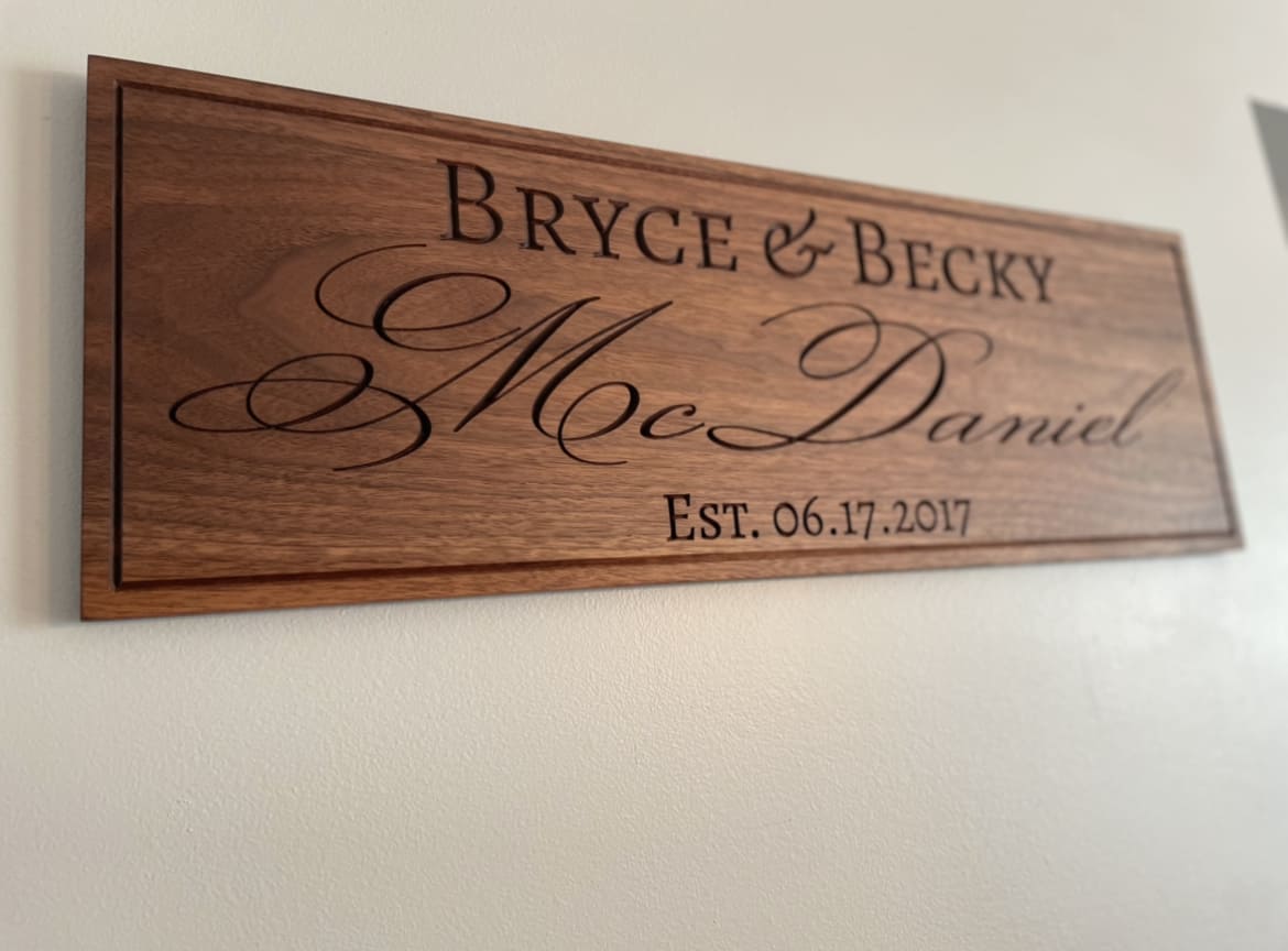 Personalized Wedding Anniversary Sign - Custom Carved Wooden Plaque - Walnut - Clines Crafted Woodworking LLC