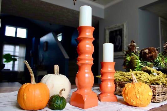 Pumpkin orange Candlestick for 2 inch Pillar Candle - Clines Crafted Woodworking LLC