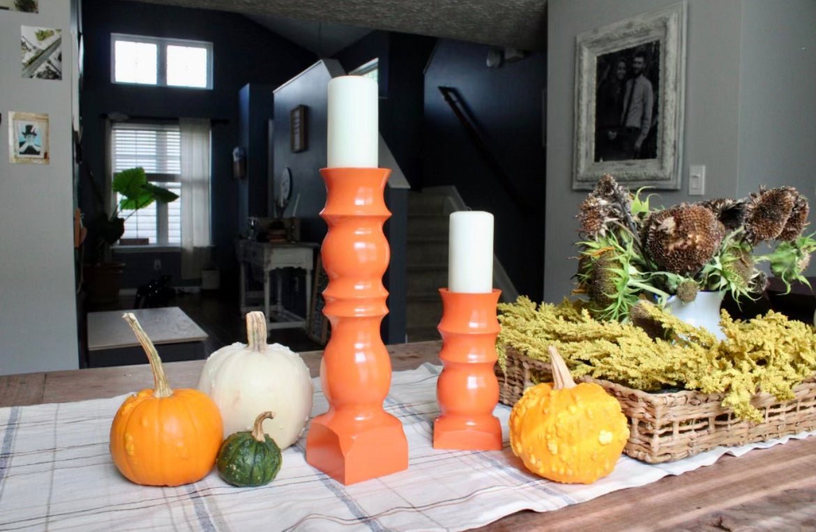 Pumpkin orange Candlestick for 2 inch Pillar Candle - Clines Crafted Woodworking LLC