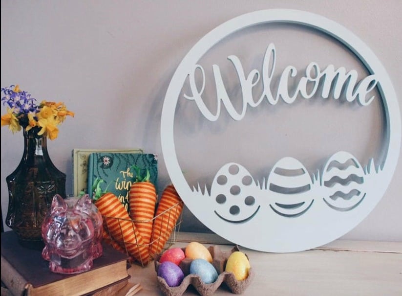 Easter Door Wreath | Blue | 18 inch | 1/2 inch thick - Clines Crafted Woodworking LLC