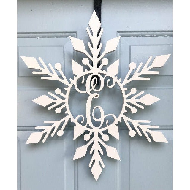 Snowflake monogram Door Hanger White 20 inch - Clines Crafted Woodworking LLC