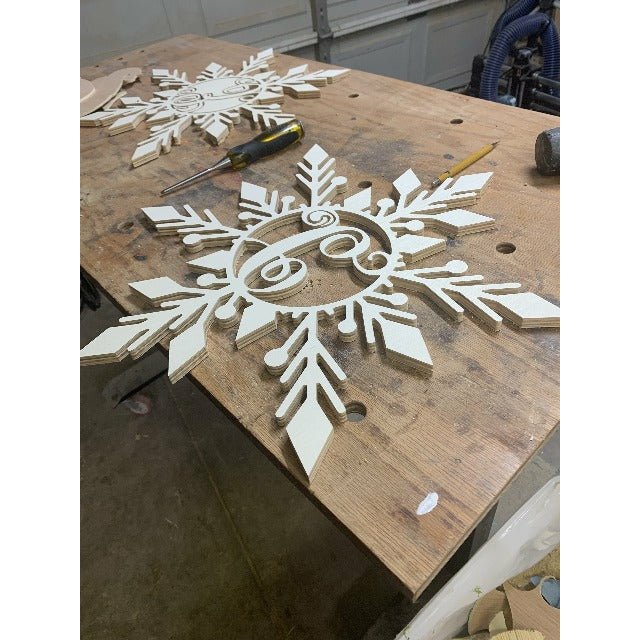 Snowflake monogram Door Hanger White 20 inch - Clines Crafted Woodworking LLC